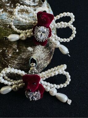Pearl Loop Drop Earrings with Burgundy Velvet Flower